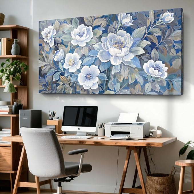 amatop Extra Large Blue White And Gray Plant Canvas Wall Art; Modern Abstract Flower Print Picture For Living Rooms, Dining Rooms, Bedrooms, Offices, And Meeting Rooms. 58X29 Inches.