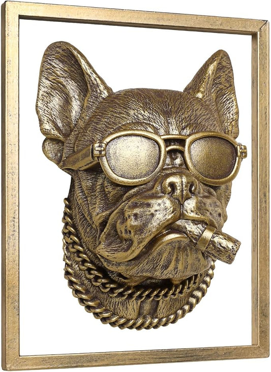 Animal Heads Wall Decor (Includes Metal Frame) Resin Animals Sculptures Head Wall Hanging Decoration Gold vintage Wall Sculpture for Living Room Bedroom Office(Bulldog)