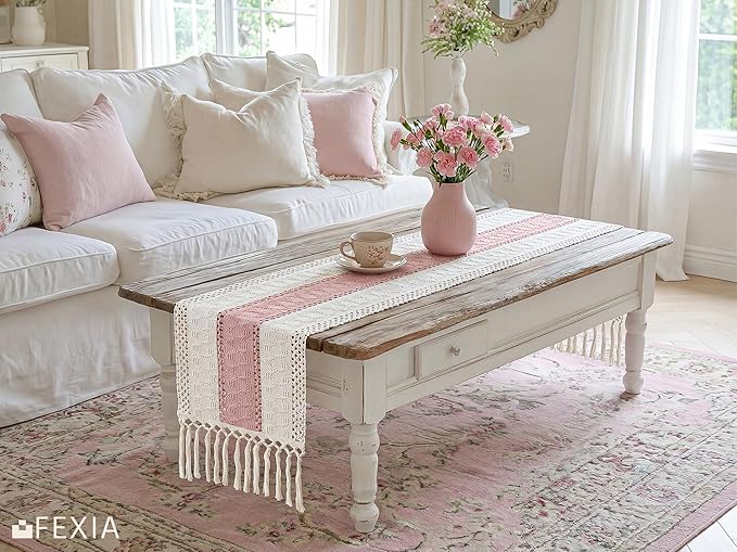 FEXIA Boho Table Runner Summer Home Decor with Tassels 72 Inches Long Pink Farmhouse Rustic Table Runner Burlap Centerpieces for Tables Decoration for Living Room (12x72 Inches)