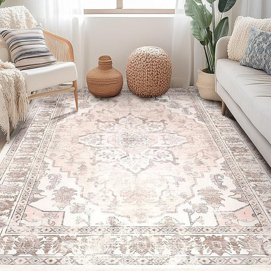 BESTSWEETIE 6x9 Area Rug Washable Rugs for Living Room, No Pile Boho Carpet for Entryway Bedroom Dinning Room, Vintage Carpet Print Distressed Non-Slip, 6 x 9 ft, Pink Beige Grey