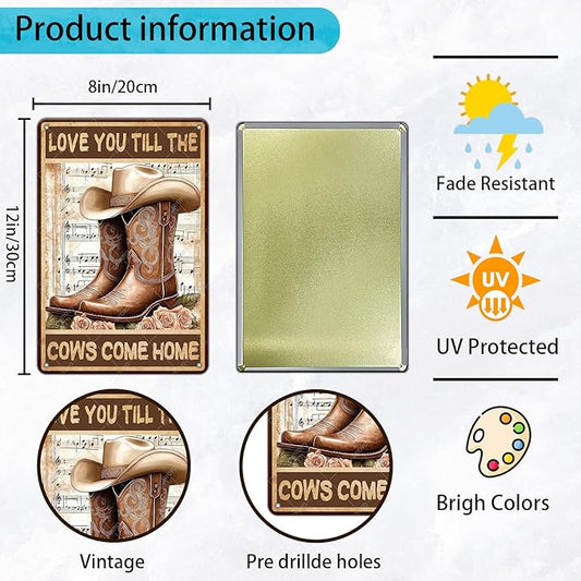 Vintage Flowers Cowgirl Boots Metal Tin Sign Love You Till The Cows Come Home Vintage Painting Tin Signs Retro Wall Poster for Home Office Cowboys Club Farm Decoration 12x8 Inch