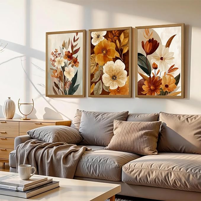Boho Flower Wall Art Vintage Abstract Floral Prints Botanical Canvas Wall Decor Flower Farmhouse Pictures Fall Plant Poster Rustic Autumn Floral Artwork for Bedroom Living Room 16x24x3 Inch Framed 