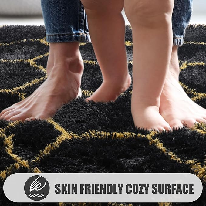 ONASAR Area Rugs for Bedroom Living Room, 4x6 Fluffy Black and Gold Throw Rug, Shaggy Geometric Floor Mat for Home Decor, Soft Plush Carpet for Kids Teen Playroom Dorm Classroom Office