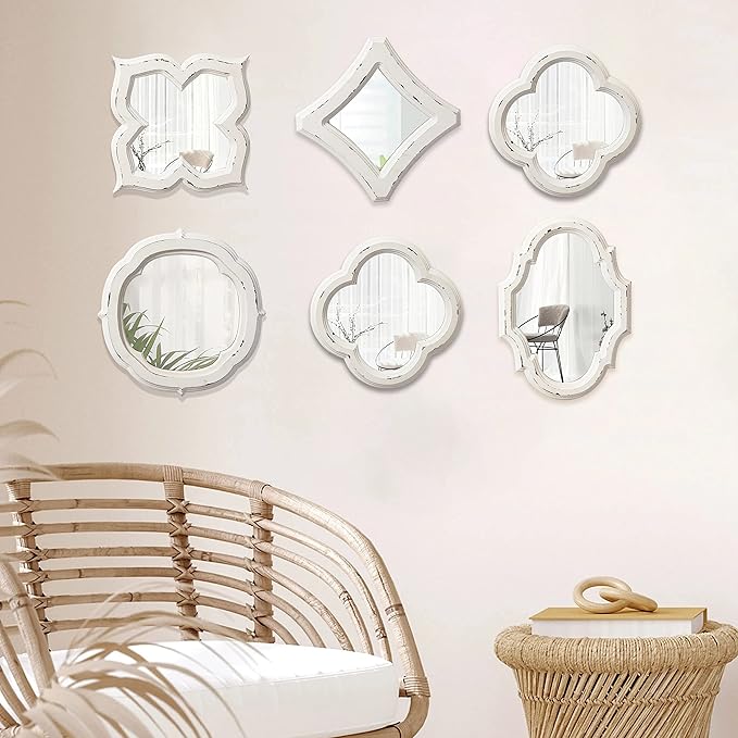 Farmhouse Small Decorative Mirrors for Wall Decor Living Room 7.9 inch, Hanging Distressed White Vintage Wood Frame Bedroom Mirror, Rustic Rhombus Wall Mounted Mirror for Home Decor