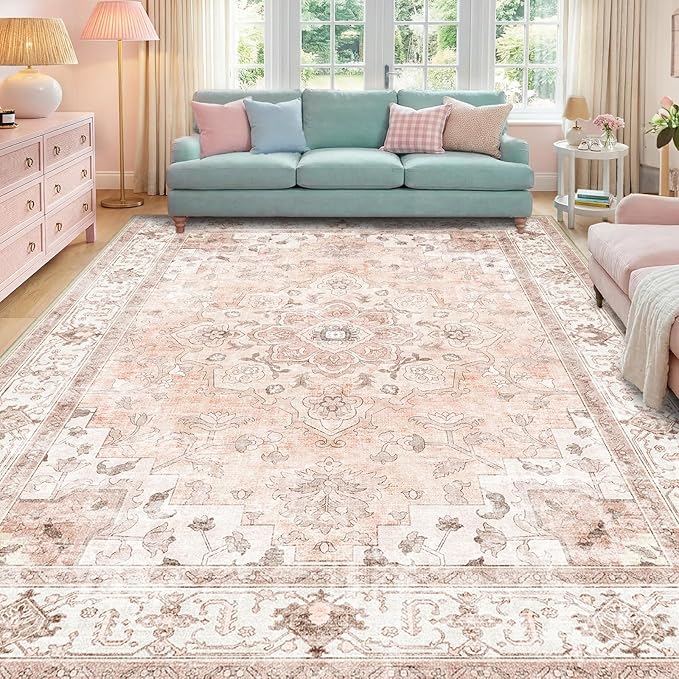 CAPALOCA Machine Washable Rugs Nursery Rug 7x9 Cute Girl Non Slip Low Pile Water Repellent Soft Print Pattern for Bedroom Indoor Decor Kids Playroom Pink