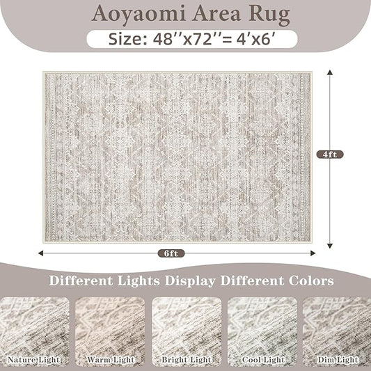 Area Rug 4x6 Geometric Rug: Washable Boho Moroccan Rugs Soft Farmhouse Rug, Modern Neutral Stain Resistant Indoor Floor Carpet for Livingroom Bedroom Dining Table Nursery(Ivory Mocha,4'x6')