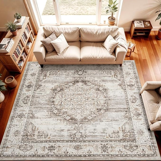 7x7 Area Rug Washable Living Room Rugs: 7ft Square Ultra Thin Soft Oriental Area Rugs Non-Slip Backing Farmhouse Rug Low Pile Thin Stain Resistant Indoor Carpets, 7' x 7' Beige