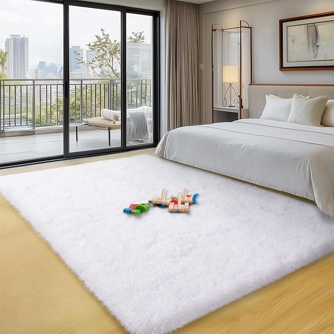 qulint White Rugs for Bedroom 3x5, Soft Shag Fluffy Rug for Living Room Small Fuzzy Plush Nursery Rug for Boys Girls, Shaggy Modern Carpet for Dorm Kid Room Home Decor Aesthetic (3ft x 5ft, White)