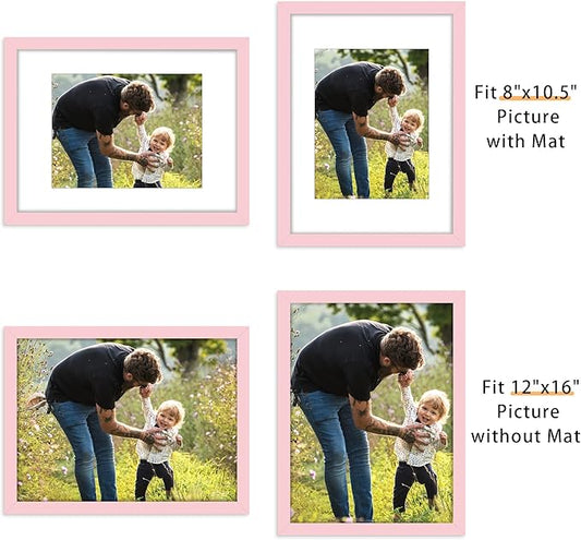 Picrit 12x16 Picture Frame Set of 12, Display 8.5x11 with Mat or 12x16 without Mat, Photo Frames for Wall Mounting Display, Pink