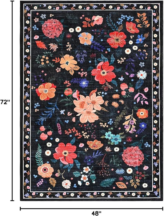 Macgace Black Floral Rug for Girls Bedroom, 4x6 Machine Washable Area Rugs with Non Slip Backingfor Living Room, Cute Flowers Carpet Kitchen Dining Room Kids Playroom Decor