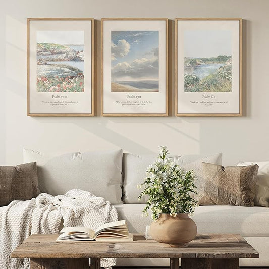 Framed Christian Wall Art for Living Room, Set of 3 Green Landscape Biblical Verse Canvas Prints Artwork for walls, Vintage Psalm Scripture Wall Decor, Dining Room Bedroom Prayer Room, 16x24 Inch