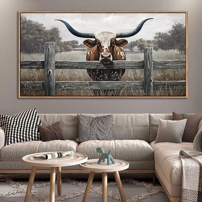 Highland Cow Wall Art - Rustic Farmhouse Wall Art for Country Wall Decor, Vintage Artwork for Walls, Framed Pictures for Living Room, Large Canvas Painting for Bedroom Above Bed 20×40IN