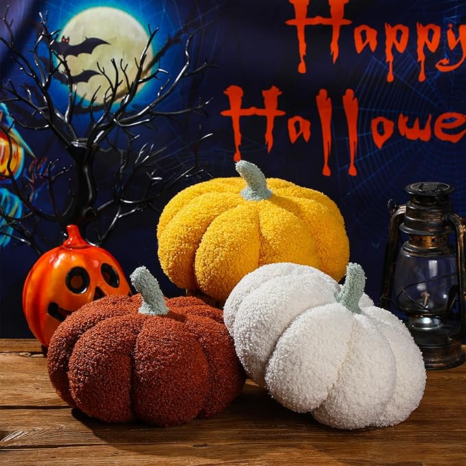 Namalu 3 Pcs Pumpkin Pillows 3D Throw Cushion Soft Sofa Pillows Stuffed Pumpkin Decoration for Fall Thanksgiving Winter Home Living Room(11.81 Inch,White, Brown, Yellow)