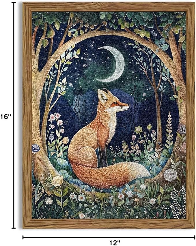 Framed 3D Textured Vintage Wall Art - Cottagecore Hand Drawn Sandstone Fox Paintings Wall Decor, Whimsical Forest Animal Floral Botanical Aesthetic for Bedroom Living Room Nursery 12x16 inch