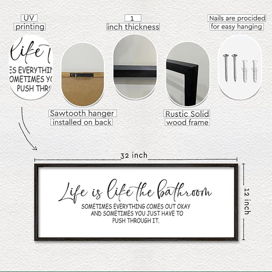Life Is Like The Bathroom Sign Funny Motivational Quote Wall Decor 32"×12" Large Wood Framed for Bathroom Restroom Wall Hanging Art (Black)