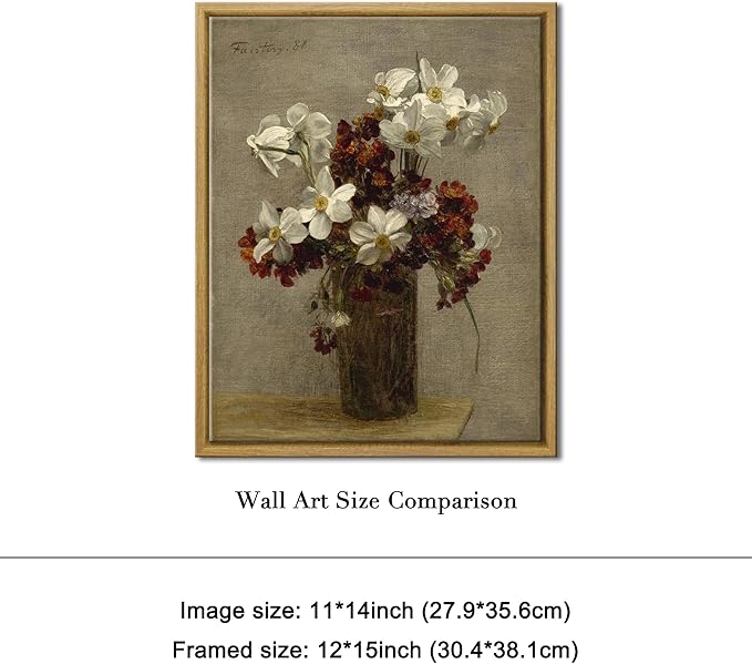 Pyradecor Vintage Framed Wall Art Bathroom Decor Narcisses Flowers in Vase Canvas Prints Floral Paintings Pictures for Living Room Bedroom Farmhouse Decor