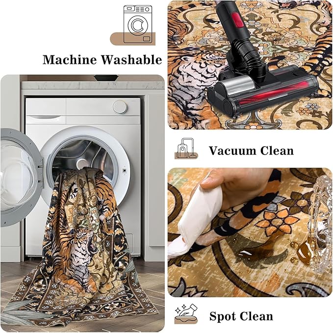 Tiger Washable Area Rugs for Living Room 4x6Ft, Boho Jungle Bedroom Rugs, Thin Botanical Entryway Nursery Area Floor Carpets for Dorm Dining Room Kids Playroom Study Farmhouse, Camel/Coffee