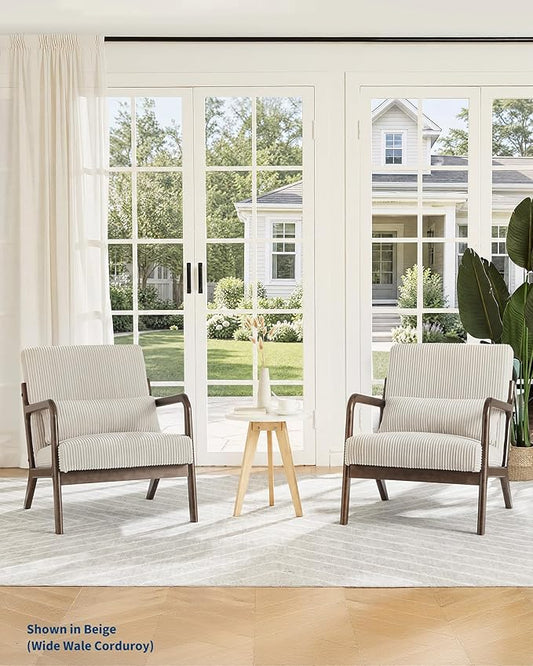 Garvee Mid-Century Modern Accent Chair, Wide-Wale Corduroy Upholstery, Solid Wood Armchair with Removable Lumbar Pillow, Sturdy Reading Chair for Living Room, Bedroom, Guest Room, Easy Assembly, Beige