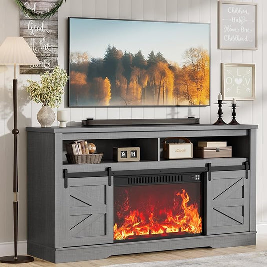 JUMMICO Fireplace TV Stand for 65+ Inch TV with 26'' Fireplace Entertainment Center with Storage Cabinet and Adjustable Shelves Media Console with Sliding Barn Door for Living Room (Pale Gray)