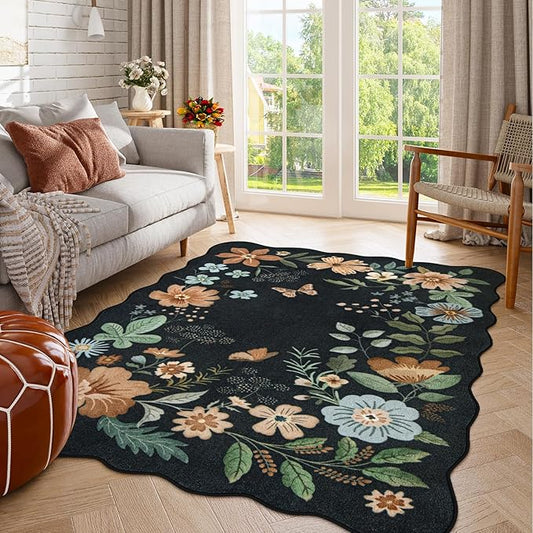Lahome Floral Washable Rugs for Bedroom, 4X6 Living Room Rug Ultra-Thin, Non-Slip Soft Stain Resistant Boho Throw Carpet for Office Entryway Dining Room Flore (4x6ft,Black/Grey)
