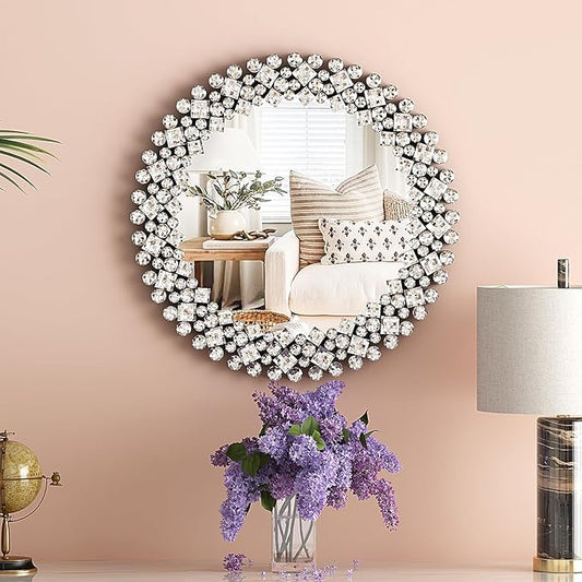 SHYFOY 18" Round Mirrors for Wall Decor Crystal Decorative Mirrors Jeweled Accent Mirror for Living Room Silver Modern Mirror for Entryway Hallway