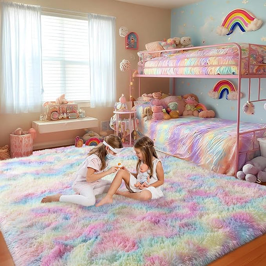 qulint 5x7 Fluffy Area Rug for Bedroom, Fuzzy Soft Kids Rug for Girl Plush Rainbow Living Room Carpet Shaggy Carpets for Dorm Classroom Nursery Home Decor Aesthetic (5ft x 7ft, Rainbow)