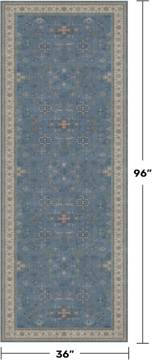 Washable 3x8 Throw Rug for Hallway - Blue Rugs for Entryway Indoor, Bedroom Bedside, Mudroom, Boho Eclectic Modern Décor, Non Slip Low Pile Fade Resistant