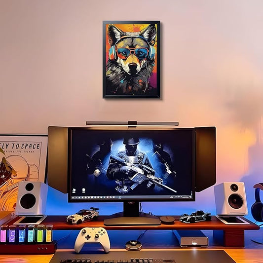 Cool Wolf Wall Art Framed Canvas Print, Wolf Wearing Sunglasses and Headphones Pop Art Poster, Vibrant Graffiti Music King Animal Painting for Boys Room Bedroom Gaming Room Home Decor 12x16 Inch