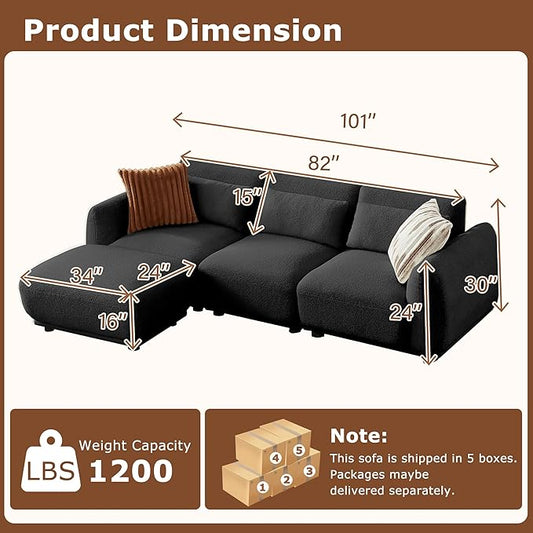 L Shaped Modular Sectional Couch with Removable Ottoman, Convertible Cloud Sofa for Living Room,Comfort Small Couch for Small Spaces(3 Set + 1 Ottomans - Black)