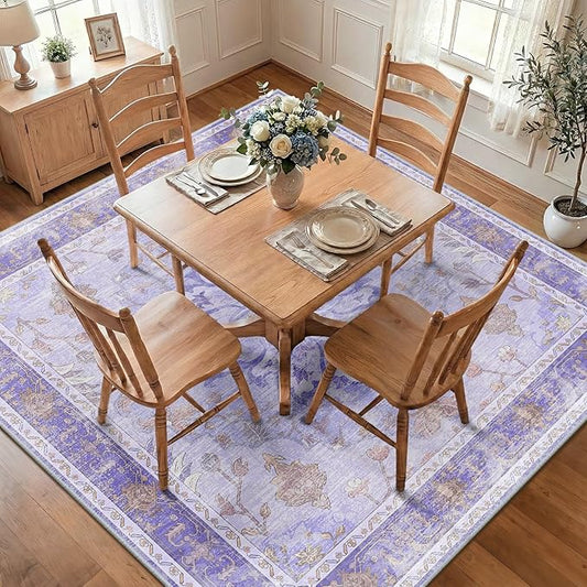 RELEANY Area Rugs Square 8ft Washable Non-Slip, Floral Vintage Distress Print Pattern Medallion Carpet for Living Room Bedroom Dining Room, Light Purple Brown