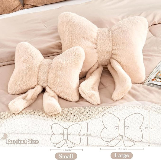 XVTRU Beige Bow Pillow, Soft Bow Decorative Pillows with Faux Rabbit Fur, Cute 16" Bow Throw Pillows, Aesthetic Home Decor Bow Shaped Plush Pillow for Bedroom Sofa Couch