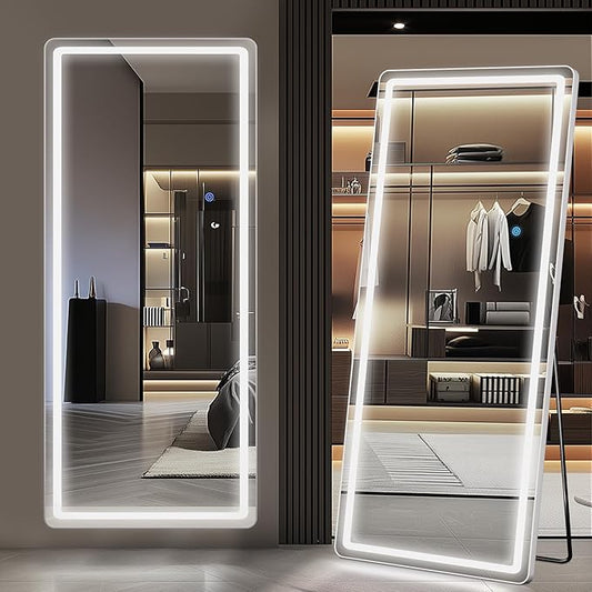 Antok LED Full Length Mirror with Light, 71"x32" Lighted Full Body Mirror with Stand, Dimmable & 3 Color Lighting Standing/Leaning/Wall Mounted Vanity Mirror for Bedroom Cloakroom Livingroom(Rect)