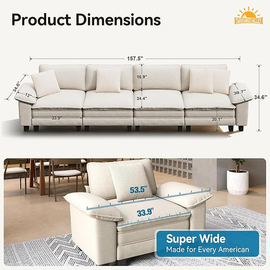 SUNSHINE VALLEY 4 Seat Modular Sofa, 157.5'' Oversized Modern Chenille Sectional Couch with Removable Armrest and Pillow, Upholstered Cloud Deep Seat Sofa for Living Room, Beige