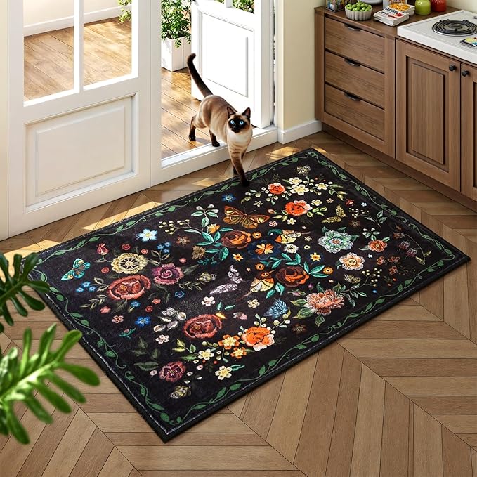 Rugflix 2x3 Small Area Rugs for Entryway, Washable Entrance Door Mat Non-Slip, Soft Low Pile Stain Resistant Vintage Floral Indoor Throw Rug for Kitchen, Bedroom, Hallway, Black
