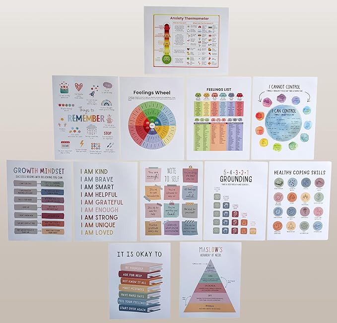 ajdvart 12 Pcs Mental Health Posters - Therapy Office Decor, Homeschool, Classroom & Calm Down Corner | Feelings Wheel & List of Emotions | Healthy Coping Skills Posters(11"x14")
