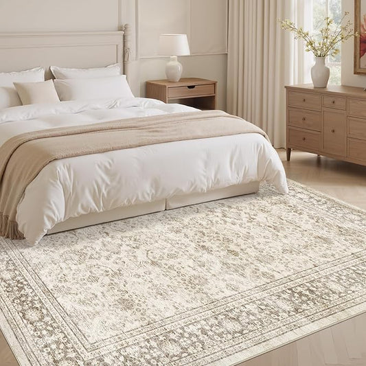 Area Rug 5x8 Washable Vintage - Soft Traditional Rugs for Living Room Large Non Slip Backing with Low Pile Farmhouse Oriental Retro Carpet for Bedroom Dining Room or Home Office - Yellowish Brown