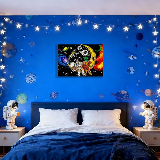 12x16 Space Astronaut Alien Pizza Party Canvas Wall Art Black Cosmic Prints Moon Planet Poster Home Framed Decor Kids Bedroom Fantasy Painting Teen Boy Room Funny Gift Picture Child Study Room Photo