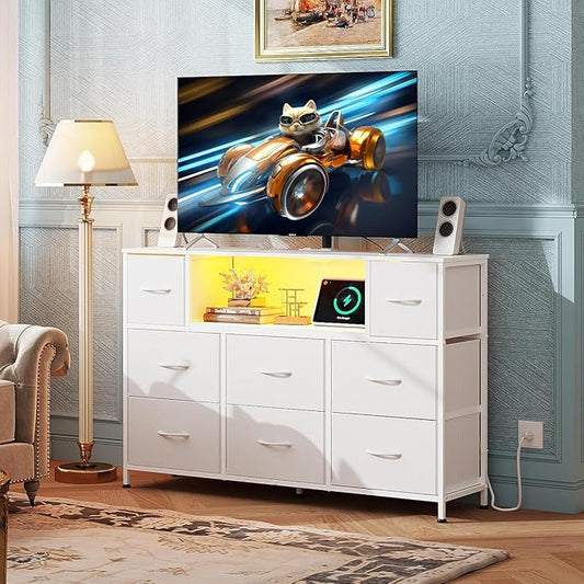 Simple Deluxe TV Stand Dresser with 8 Fabric Drawers and Open Shelves, Entertainment Center with LED Lights & Charging Station, Wood Top for 45" -55" TV, for Bedroom/Living Room/Hallway, White