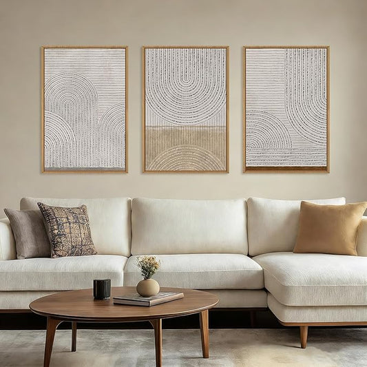 Aryroi Large Neutral Spiral Circles Framed Canvas Wall Art,Boho Beige Geometric Wall Decor,Modern Abstract Arch Artwork,Mid Century Minimalist Art Print for Living Room,Bedroom,Office- 16"x24"x3