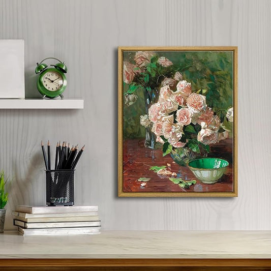 Pyradecor Vintage Retro Framed Wall Art White Roses Canvas Prints Mid Century Wall Decor Bedroom Decor for Living Room Farmhouse Kitchen Decorations