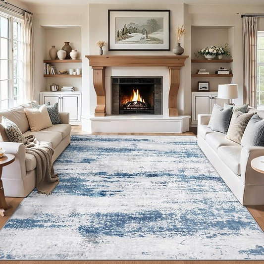 8x10 Area Rugs for Living Room - Washable Rug Modern Abstract Soft Large Neutral Non-Slip Carpet Indoor Floor Thin Carpets for Bedroom Dining Room Farmhouse Nursery Home Office White Blue Grey