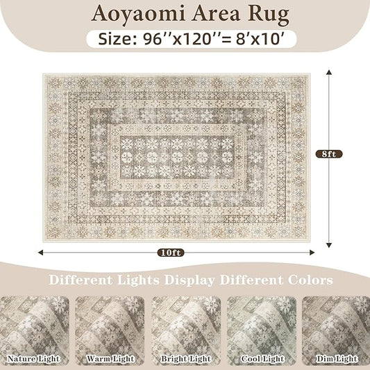 Area Rug Living Room Rugs 8x10 - Large Soft Boho Floral Rug, Non-Slip Foldable Washable Rugs Non Shedding Morden Indoor Floor Carpet for Living Room Bedroom Office Dining Room(FloralBrown, 8'x10')