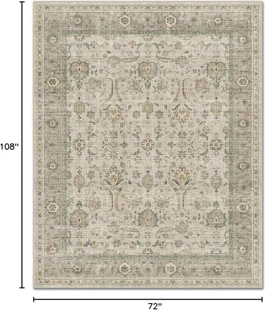Washable 6x9 Area Rugs for Living Room, Boho Non-Slip Vintage Distress Large Rugs for Bedroom Dining Room Nursery Office, 0.3" Neutral Oriental Throw Thin Carpet, Flaxen/Multi, B2
