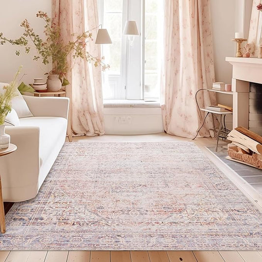 Girl Pink Area Rug 6x9 Washable Rug Non Slip Soft Baby Nursery Carpet Neutral Living Room Kids Bedroom Floor Covering, Pink and Grey