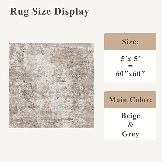 5x5 Square Entryway Rug Washable – Non-Slip Small Area Rug for Kitchen or Bathroom, Soft Low-Pile Indoor Mat, Modern Abstract Thin Door Carpet (Beige Grey)