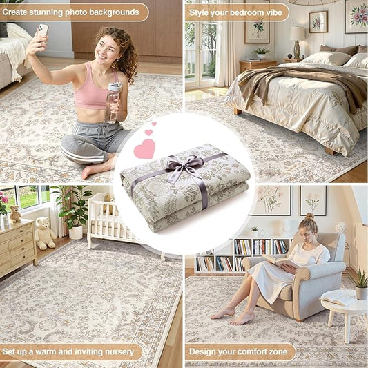 Wonnitar Vintage 5x7 Washable Rug, Neutral Rugs for Living Room Decor, Beige Non Slip Ultra-Thin Soft Boho Floral Room Carpet for Bedroom Nursery Dining Room Farmhouse Office Home Dรฉcor