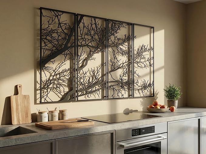 Vailla Tree of Life Wall Decor 4pcs Wooden Wall Art 3D Wall Hanging Wooden Sculpture Modern Wall Home Decoration Textured Sculptures for Living Room Bedroom Office Dinnig Room