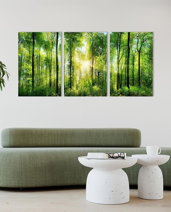 HLJ ART Forest Wall Art: 3 Panel Green Tree Pictures Canvas Wall Art, 20x30 Inch, Sunrise Prints Scenery Wall Art Hanging Wall Mural Nature Art Wall Decor for Bedroom, Living Room, Office