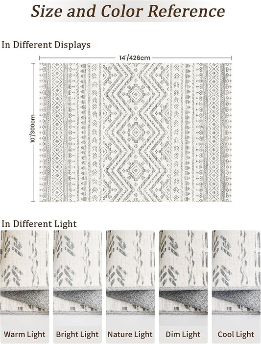 Miukiki 10x14 Area Rugs for Living Room Moroccan Washable Rugs Non Slip Indoor Floor Carpet Foldable Large Soft Area Rug with Low Pile for Dining Room Bedroom Office(Grey,10'x14')
