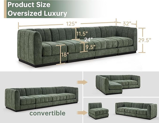 Morden Fort 96" L-Shaped Modular Sectional Sofa, Deep Seat Chenille Couch, Modern Sectional Couch for Living Room Apartment, High Density Foam, Green